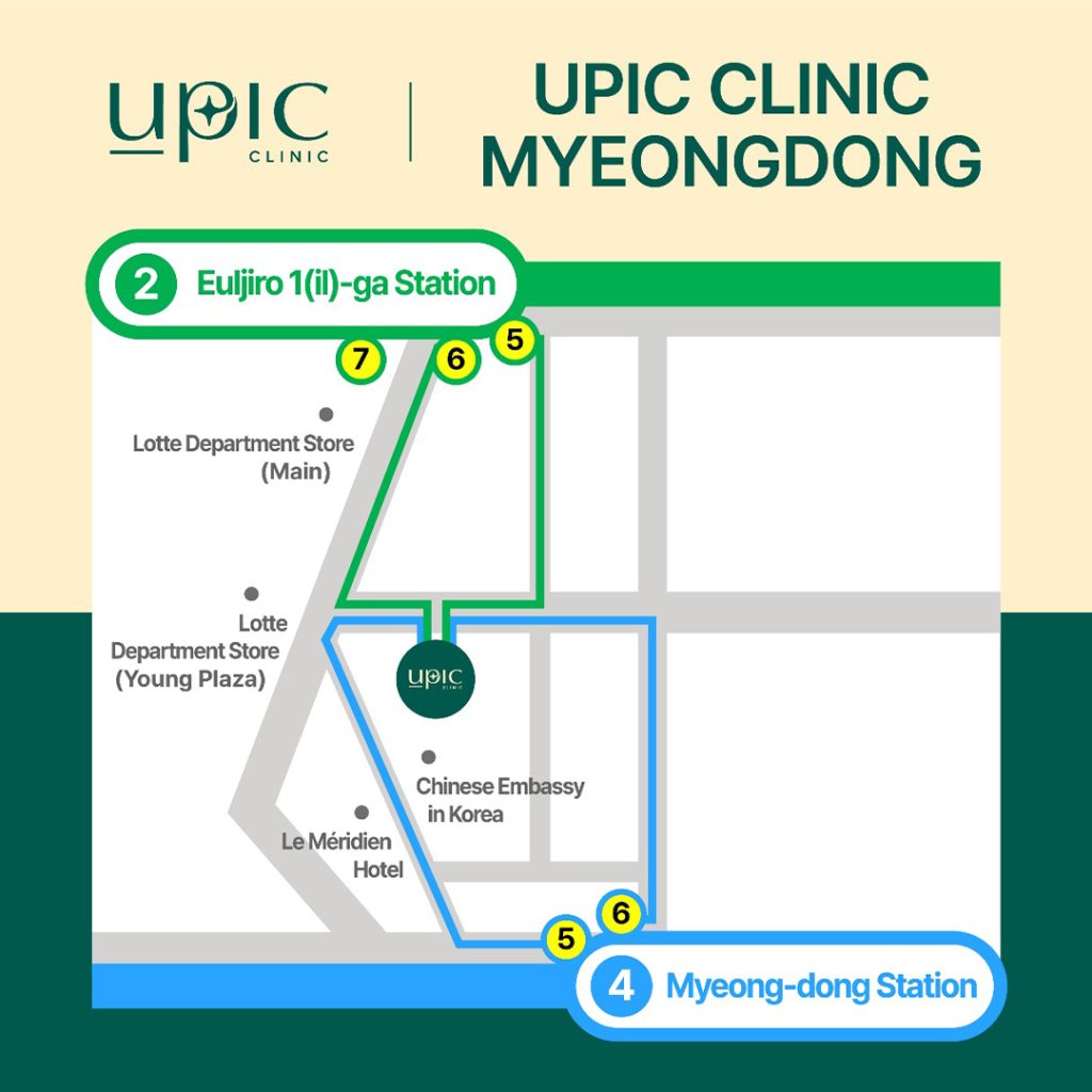 Myeongdong directions map to UPIC Clinic showing routes from Euljiro 1(il)-ga and Myeong-dong Stations.